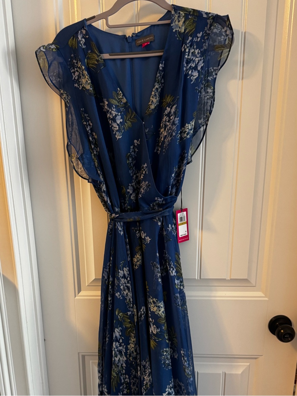 NWT Vince Camuto Floral Chiffon Midi Dress Size 14 Dusk Blue Belted